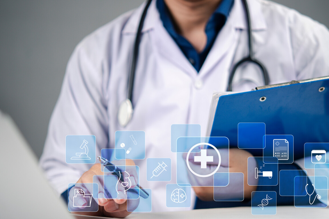Healthcare provider operating digital health interface, secure, efficient, and modern approach to health information management. medical app, healthcare system, secure data, and doctor office.