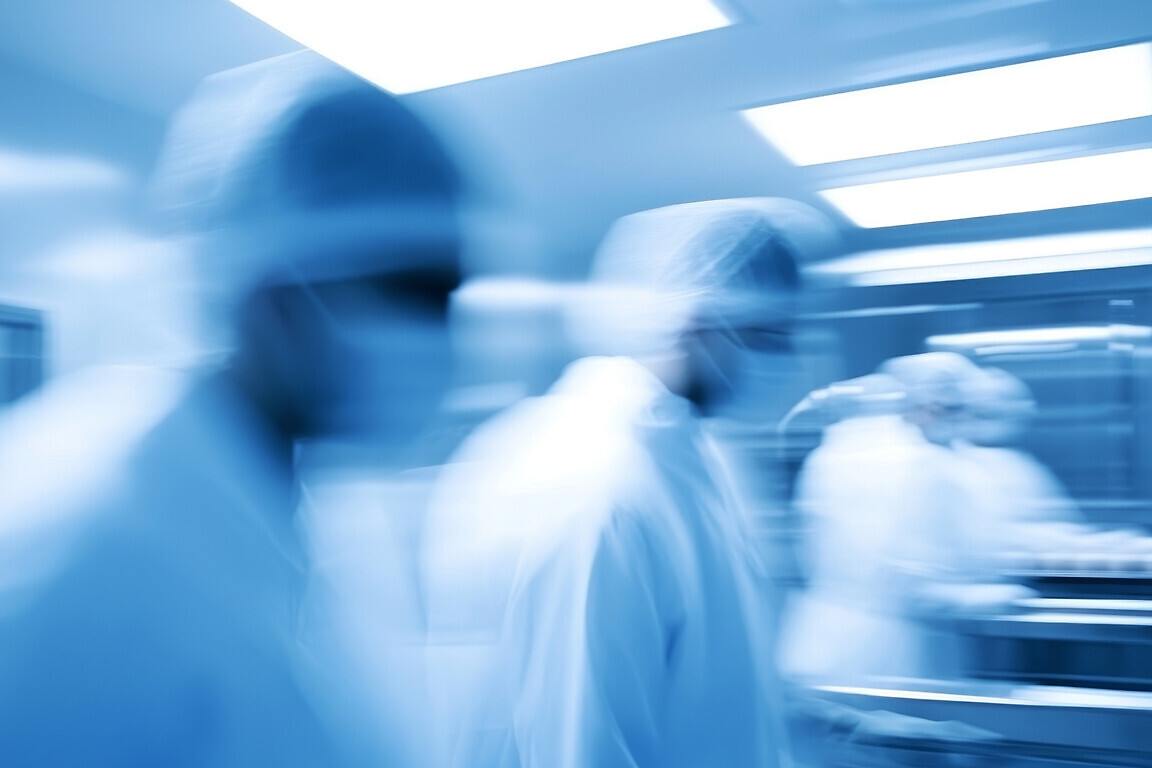 Motion blur of medical professionals in a hospital corridor, conveying urgency and fast-paced healthcare environment