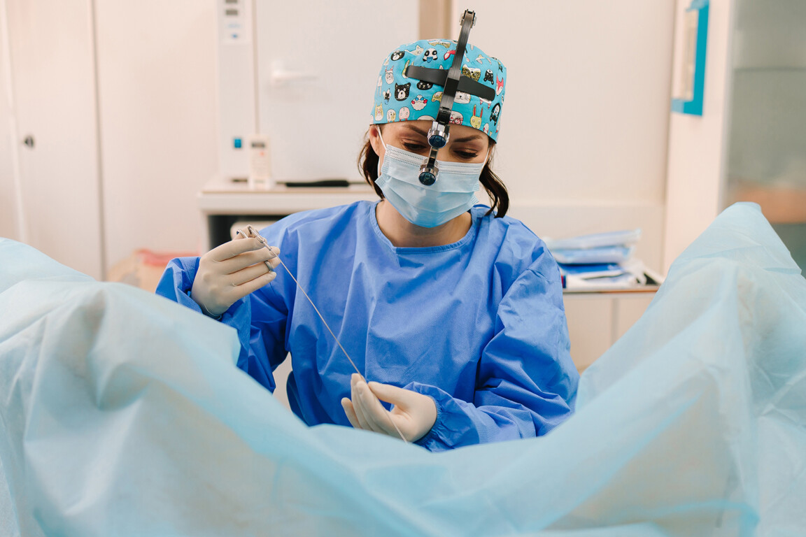 Gynecologist performs intrauterine intervention. Minimally invasive gynecological procedure using sterile instruments. Ongoing gynecological procedure in a sterile gynecology clinic