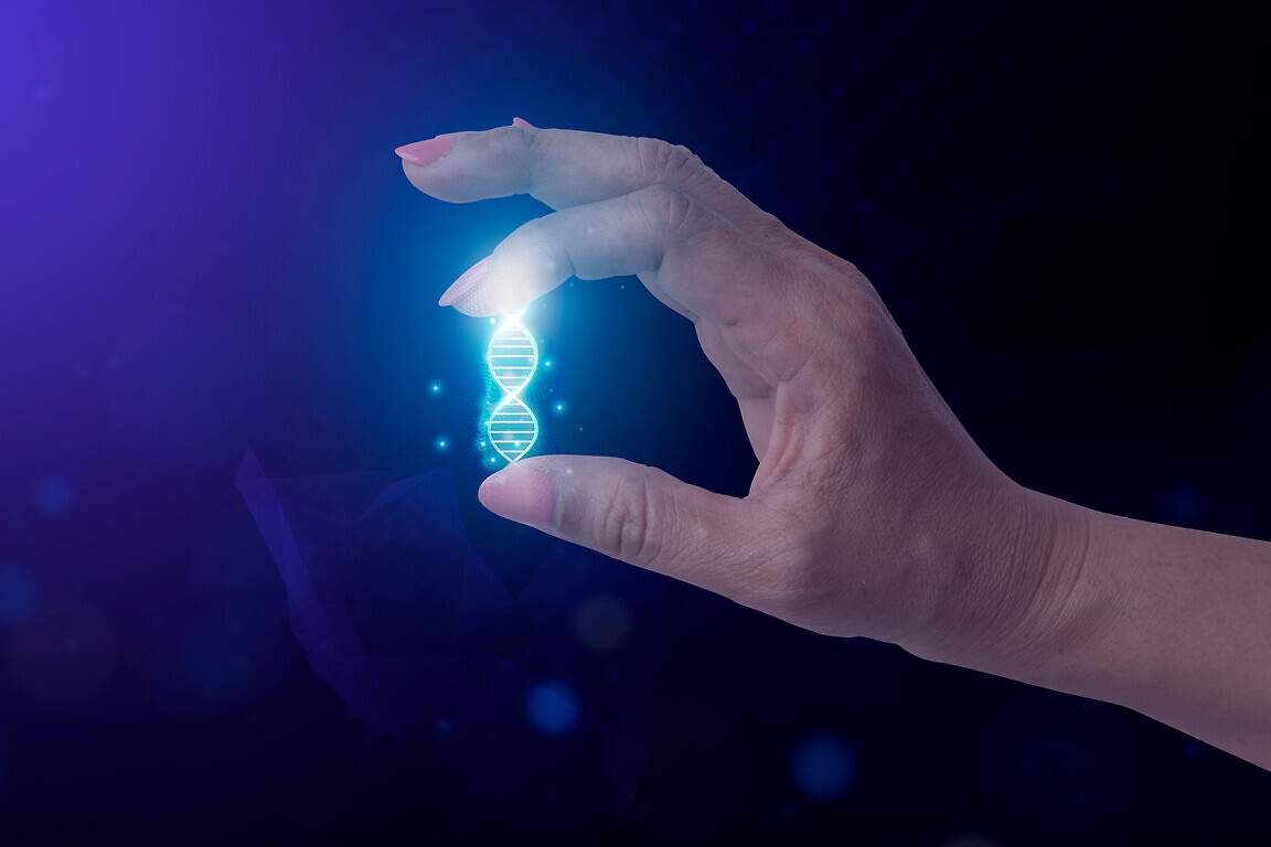 Hand holding AI DNA technology. Future medicine healthcare