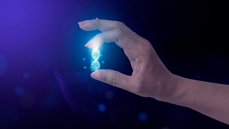 Hand holding AI DNA technology. Future medicine healthcare