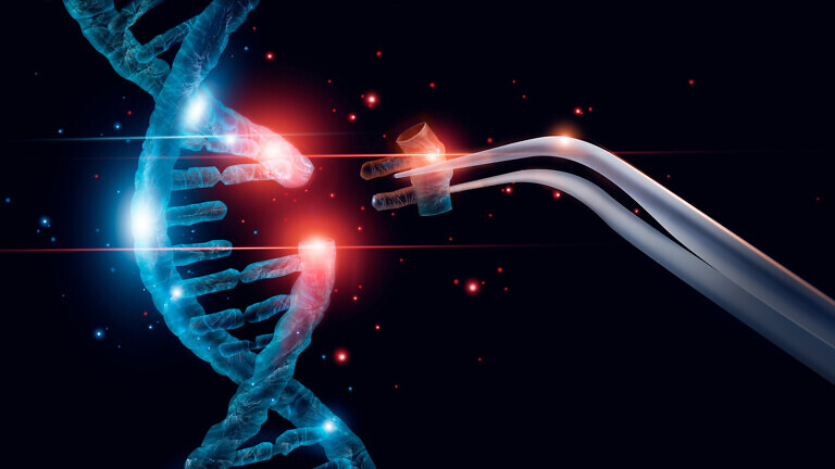 Abstract luminous DNA molecule. Genetic and gene manipulation concept. Cut of replacing part of a DNA molecule. Medicine. Innovative in science. Medical science and biotechnology.
