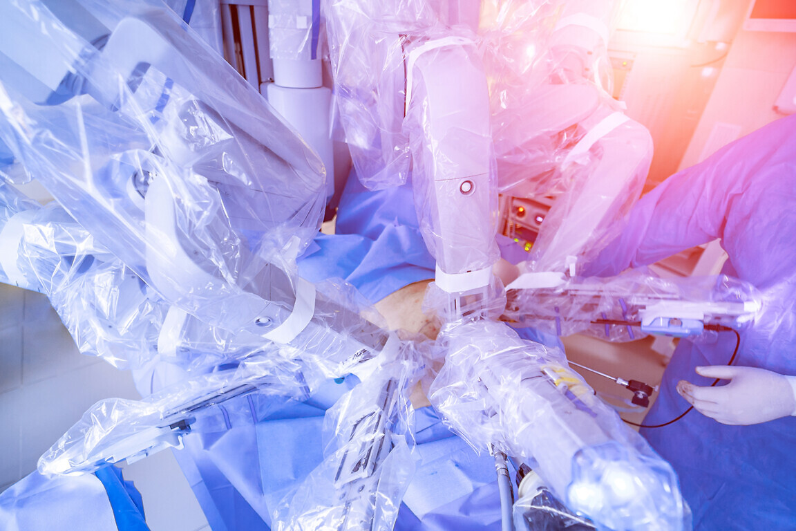 High tech surgery robot used for operating in minimally invasive surgery. Medicine of future.