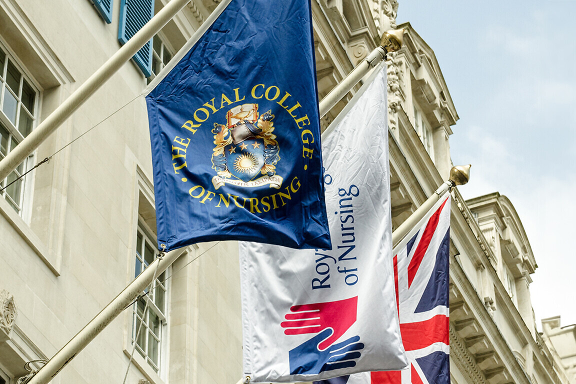 Flags outside the Royal College of Nursing, London