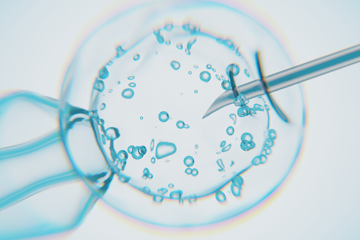 Artificial insemination of a cell or injection. Live cell and syringe needle.