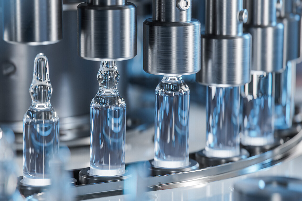 Macro Shot of Medical Ampoule Production Line at Modern Modern P