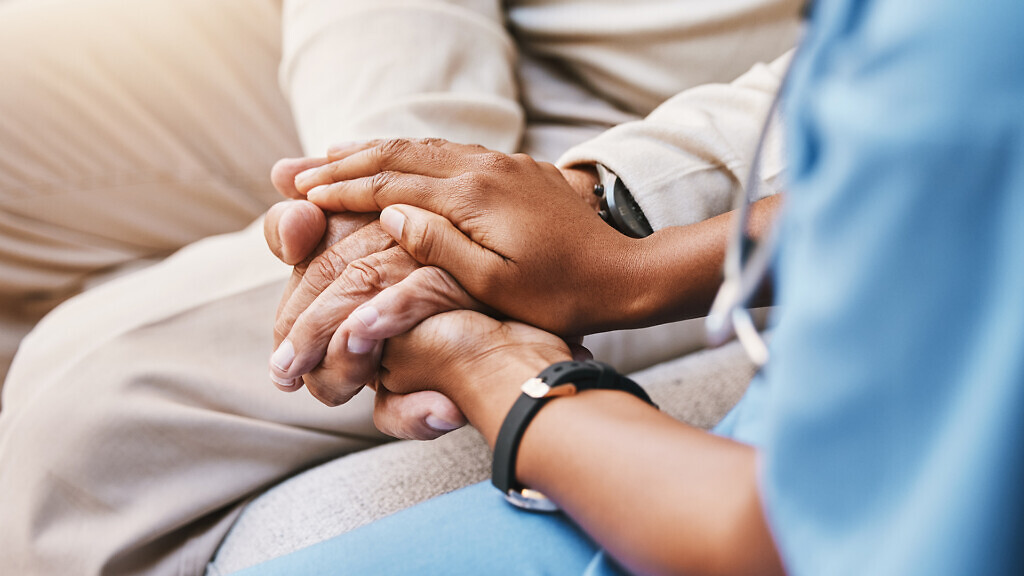 Nurse, hands and senior patient in empathy, safety and support of help, trust and healthcare consulting. Nursing home, counseling and gratitude for medical caregiver, client and hope in consultation