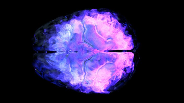 Human brain with abstract visualization of neuron activity.