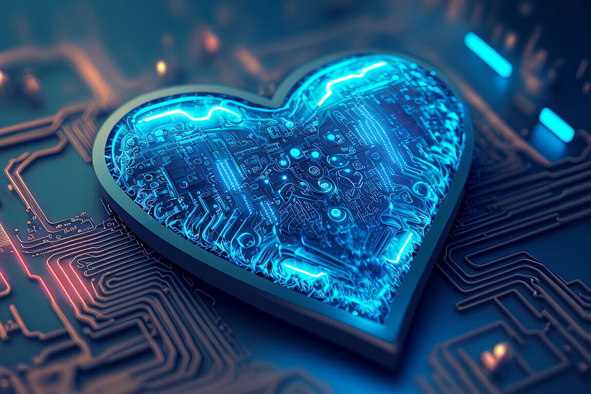 Blue heart designed as central processing unit of love. Postprod