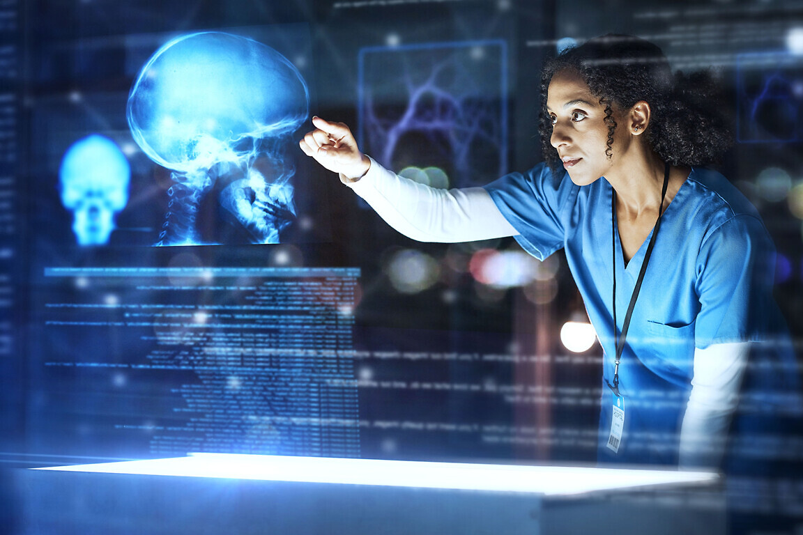 Doctor, healthcare or futuristic skull scan in brain cancer, injury or fracture analytics in night hospital planning. Medicine, future or hologram xray of skeleton on abstract head for thinking woman