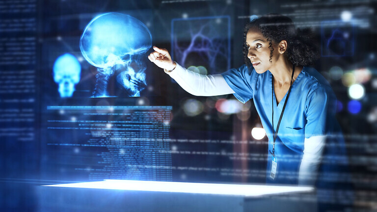 Doctor, healthcare or futuristic skull scan in brain cancer, injury or fracture analytics in night hospital planning. Medicine, future or hologram xray of skeleton on abstract head for thinking woman