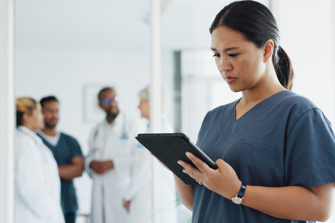 Tablet research, healthcare and woman doctor in hospital for telehealth. Digital technology, nurse and medical surgeon check mobile app for data analysis, online test results and clinic information
