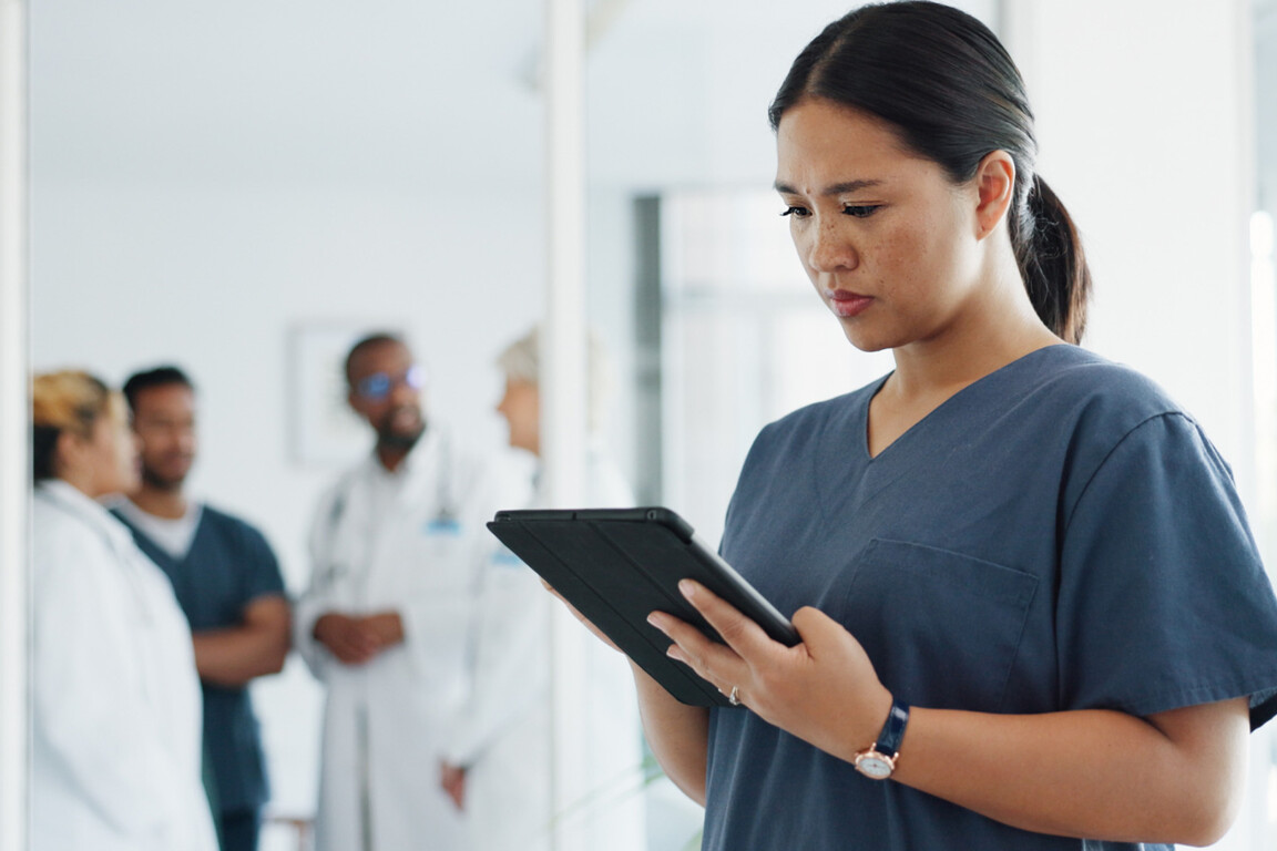 Tablet research, healthcare and woman doctor in hospital for telehealth. Digital technology, nurse and medical surgeon check mobile app for data analysis, online test results and clinic information