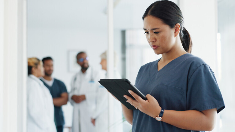 Tablet research, healthcare and woman doctor in hospital for telehealth. Digital technology, nurse and medical surgeon check mobile app for data analysis, online test results and clinic information