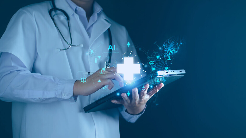 Medical technology, doctor use AI robots for diagnosis, care, and increasing accuracy patient treatment in future. Medical research and development innovation technology to improve patient health.