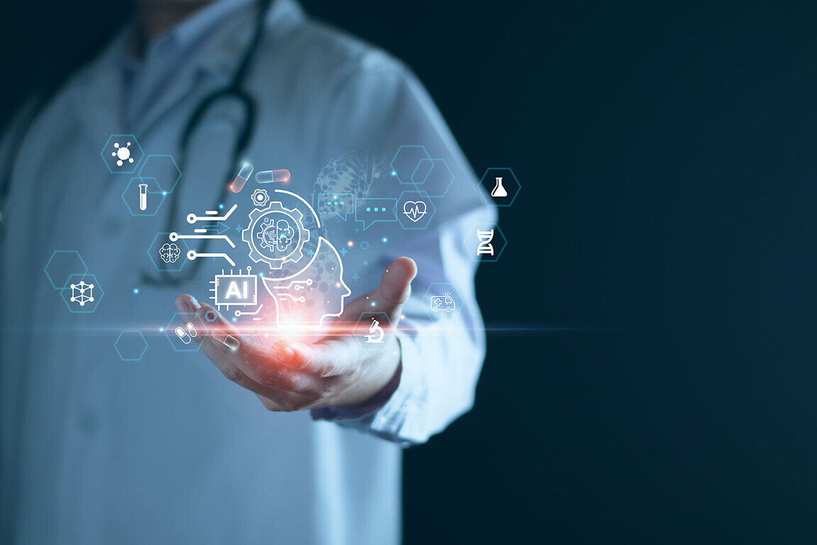 Medical technology, doctor use AI robots for diagnosis, care, and increasing accuracy patient treatment in future. Medical research and development innovation technology to improve patient health.