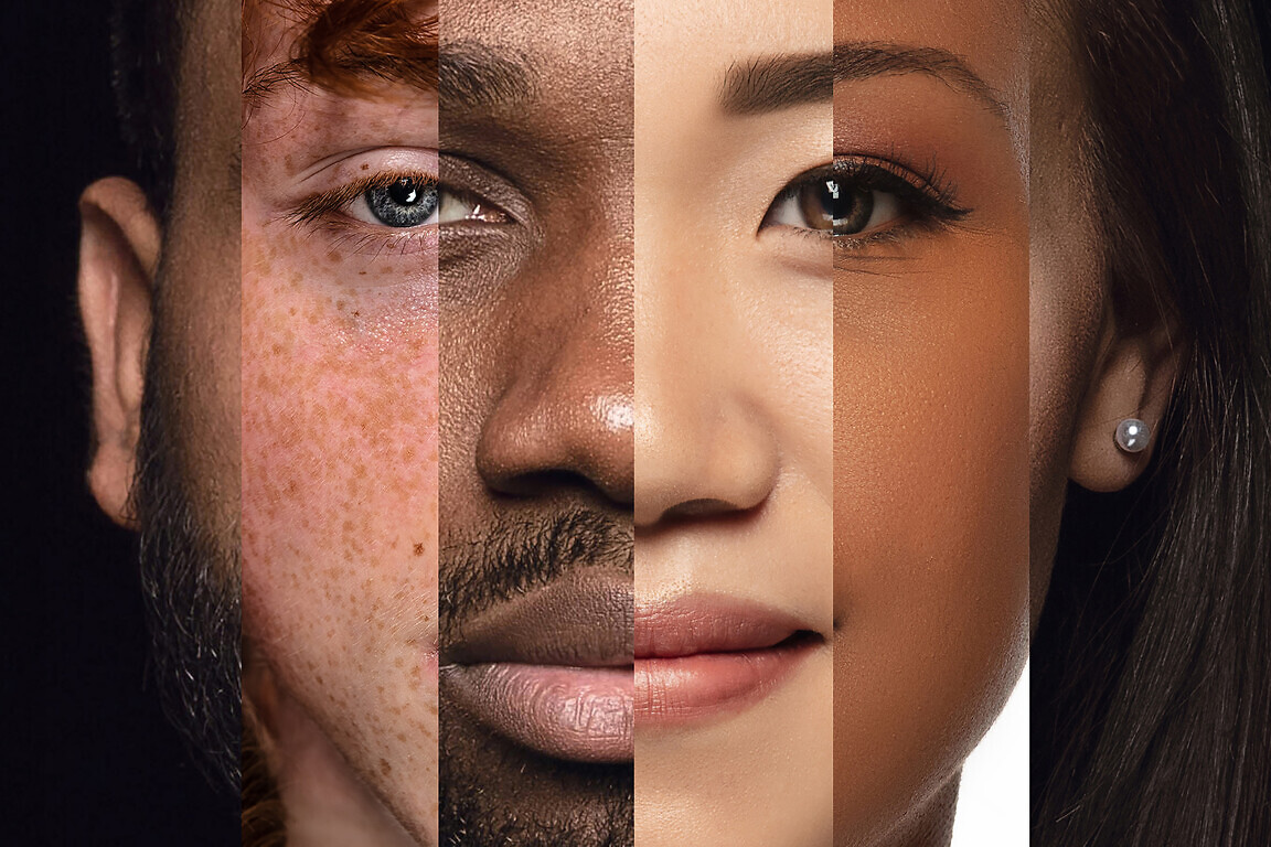 Human face made from different portrait of men and women of diverse age and race.