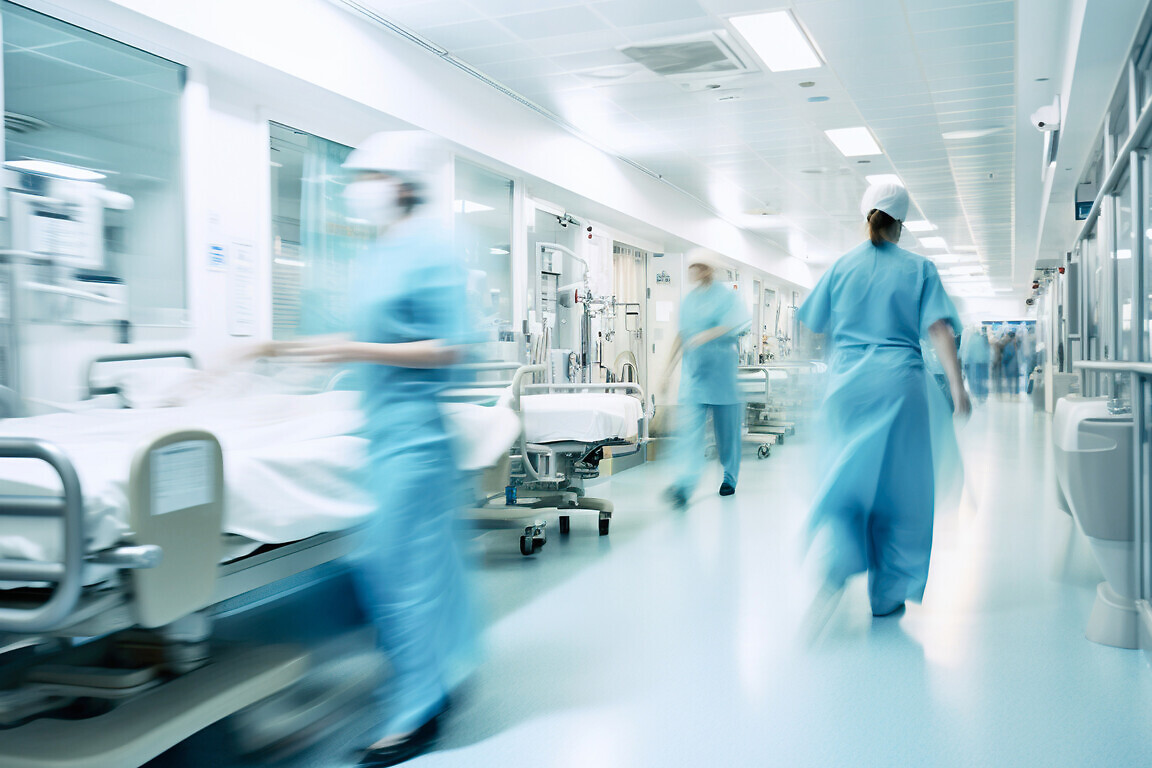 Long exposure blurred motion of medical doctors and nurses in a busy hospital.