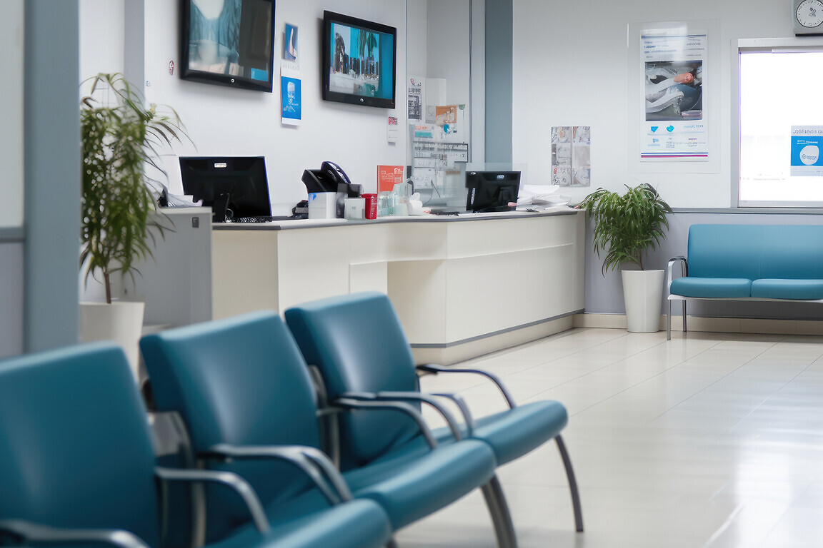 Waiting room with reception counter at medical facility.
