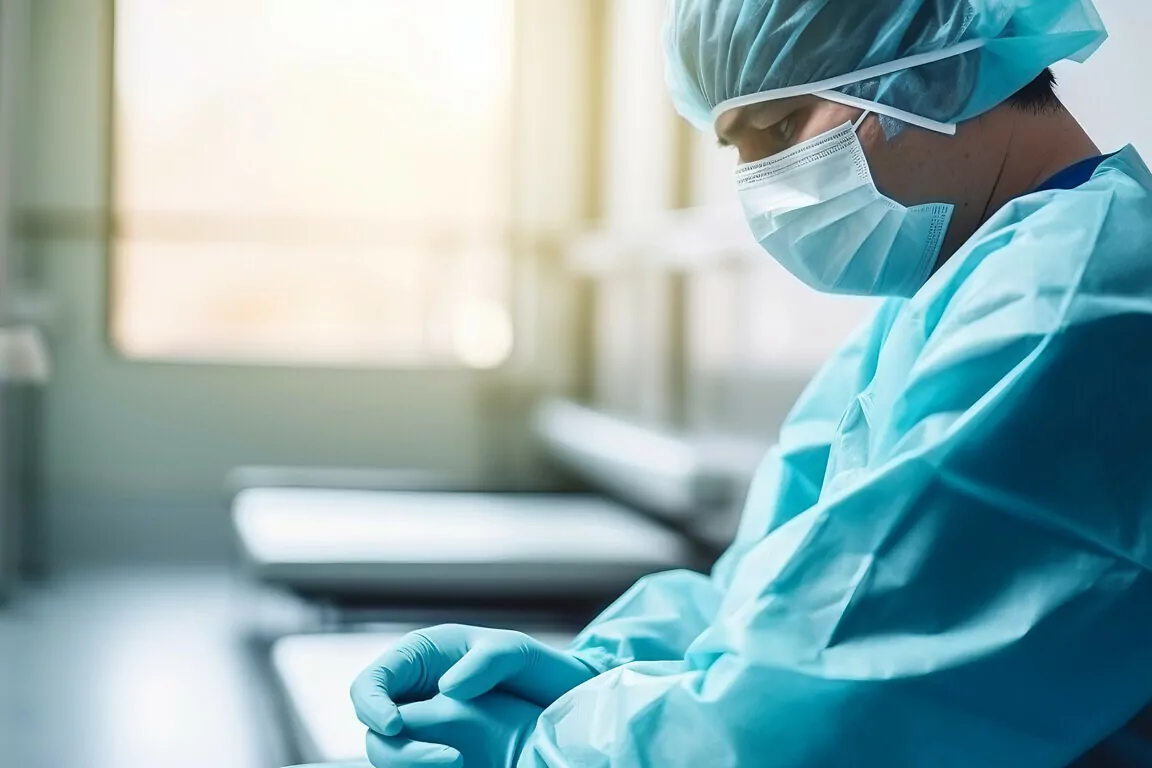 Male surgeon sitting in the corridor at hospital with worried face. Doctor is wearing surgical mask, surgical cap, gown, and surgical gloves. Medical decision or error concept image