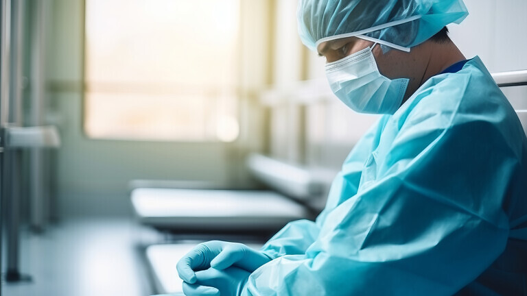 Male surgeon sitting in the corridor at hospital with worried face. Doctor is wearing surgical mask, surgical cap, gown, and surgical gloves. Medical decision or error concept image
