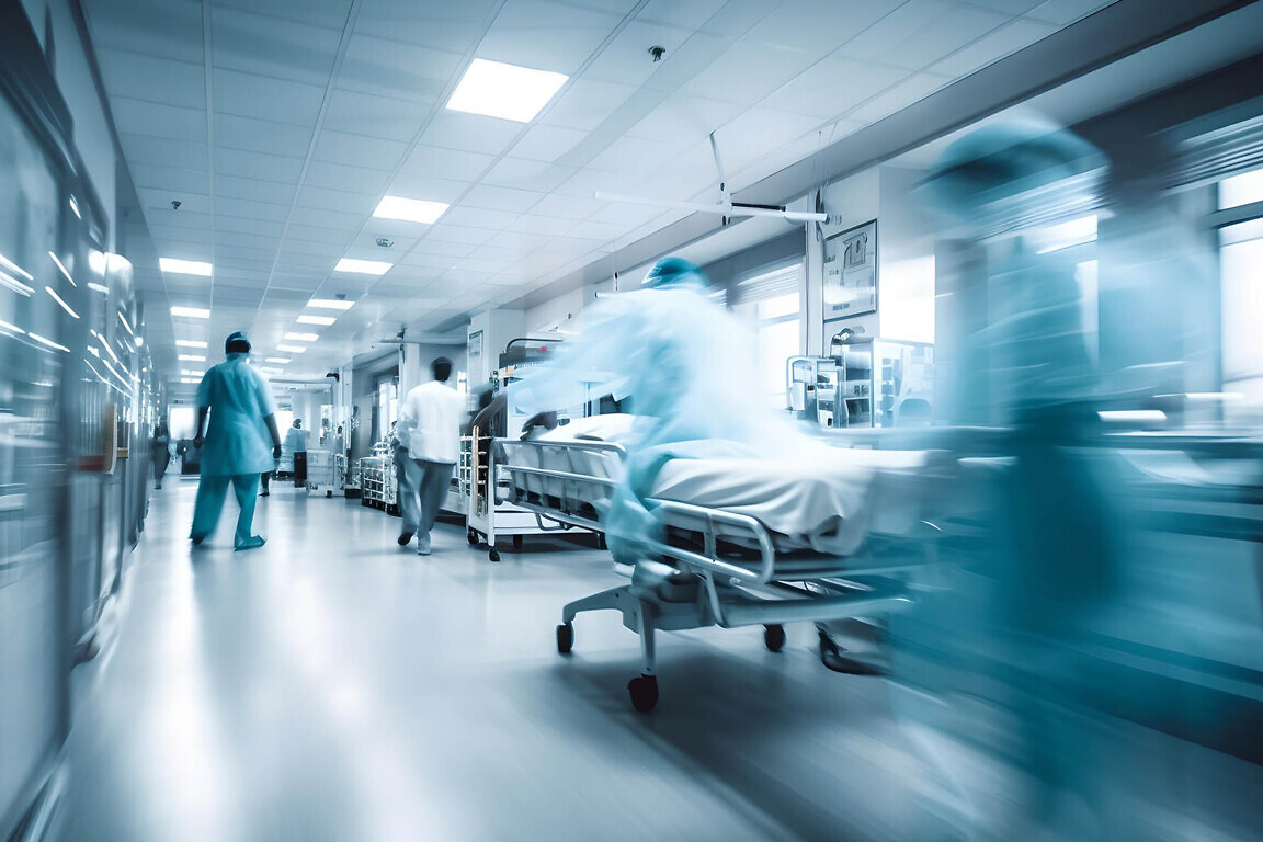 Hospital emergency team rush patient on gurney to the operating