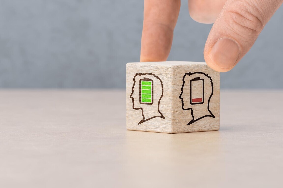 Fully charged active mentally healthy and emotional burnout employees.