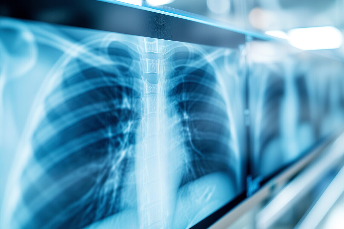 Close-up of monitors with x-ray in a hospital, side view.