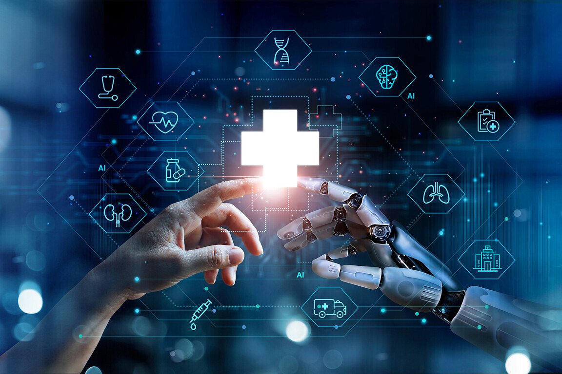 Medical Ai, Hands of robot and human touching on medical data ne