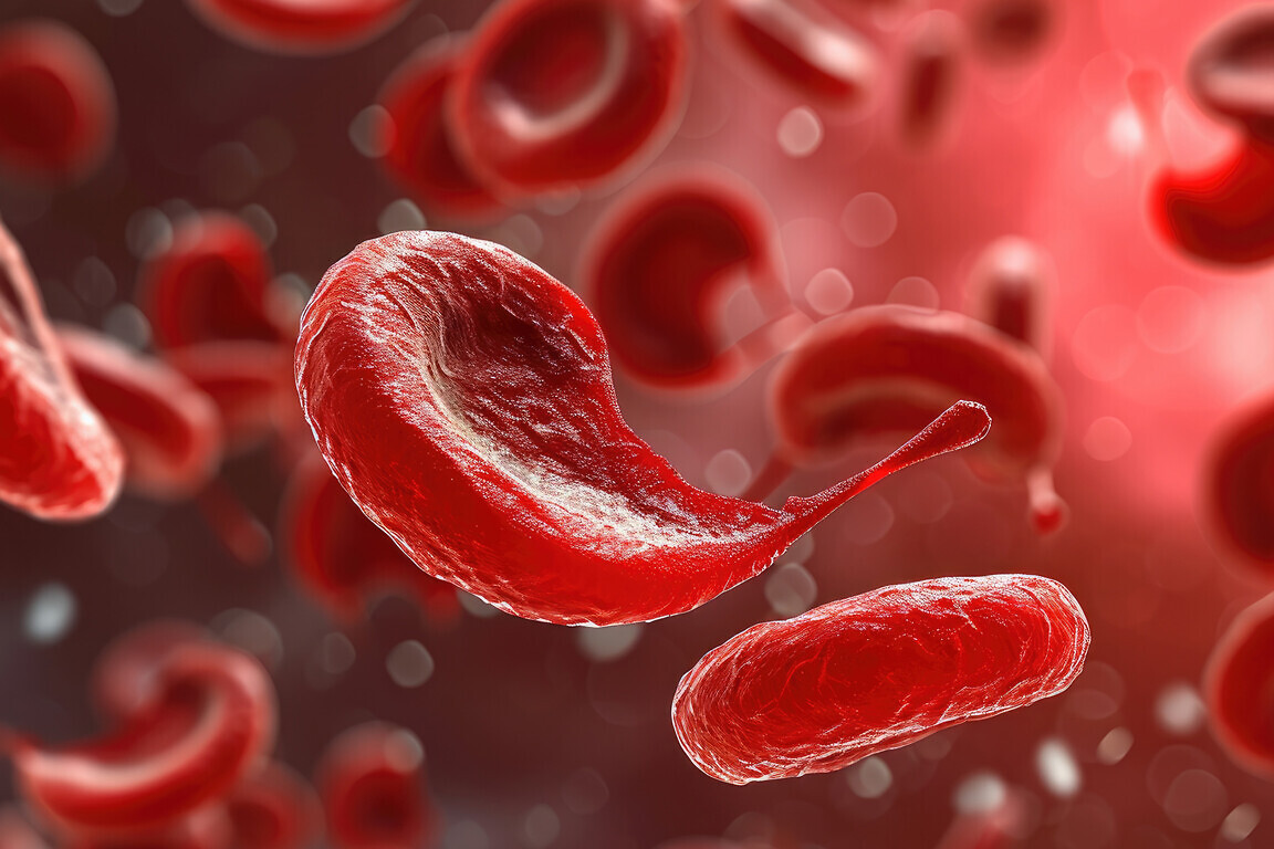 This photo depicts red blood cells flowing through a blood vessel in a living organism, An image representing the sickle-shaped blood cells found in sickle cell anemia.