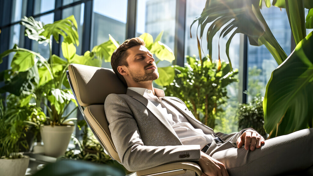 Man employee in a suit relaxing in recliner lounge chair in break area with lush greenery modern office. Concept of mental wellbeing and balanced work environment with corporate sustainability values.