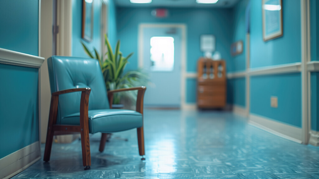 A photo of an empty blue waiting room chair.