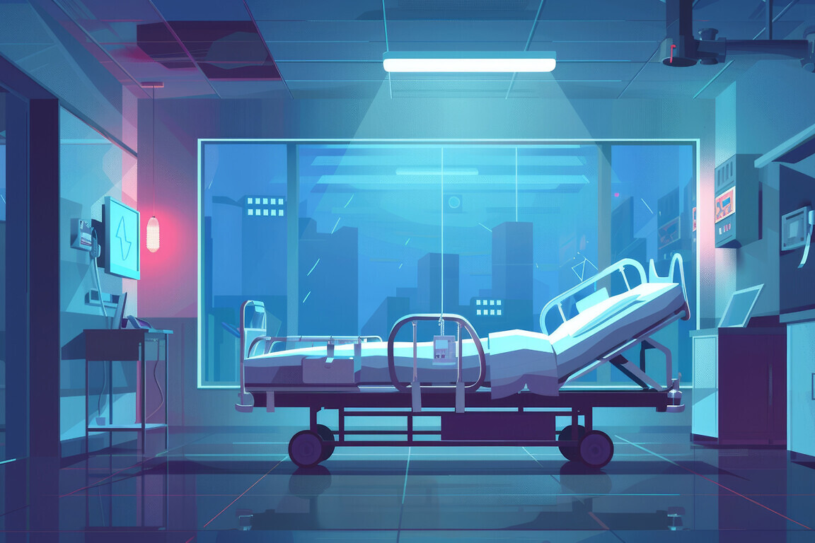 Detailed illustration of resuscitation room in clinic, surrounded by medical bed and health monitoring equipment.