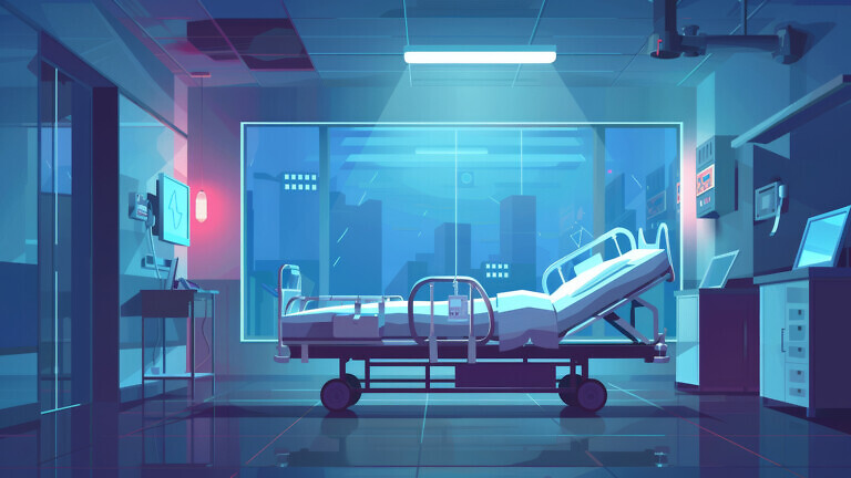 Detailed illustration of resuscitation room in clinic, surrounded by medical bed and health monitoring equipment.
