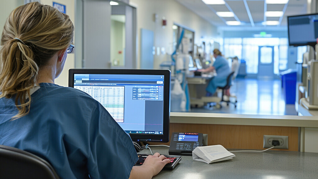 Healthcare Professional Monitoring Patients in Hospital Computer Station