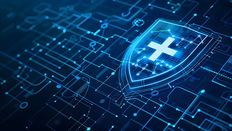 A digital technology concept featuring a shield with medical symbols and health lines on a blue background, symbolizing healthcare security or family cover protection in the age of social media.