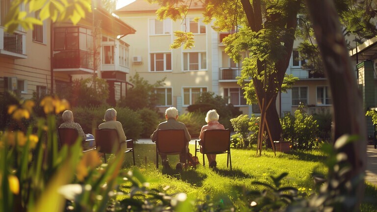 happy senior people in care home