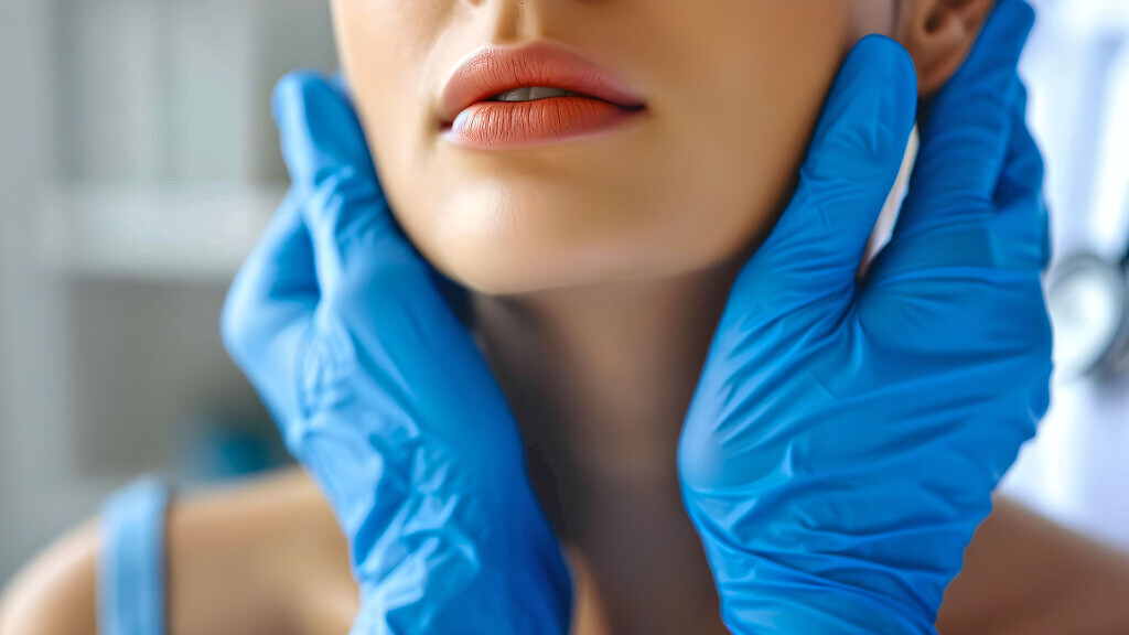 Close-up of aesthetic procedure, blue gloves touching face, health and beauty concept with a clinical setting, facial treatment detail, skincare focus.
