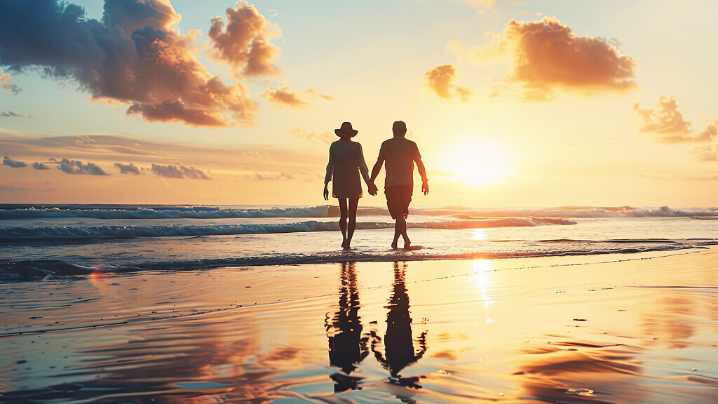 Elderly couple walking off into the sunset.