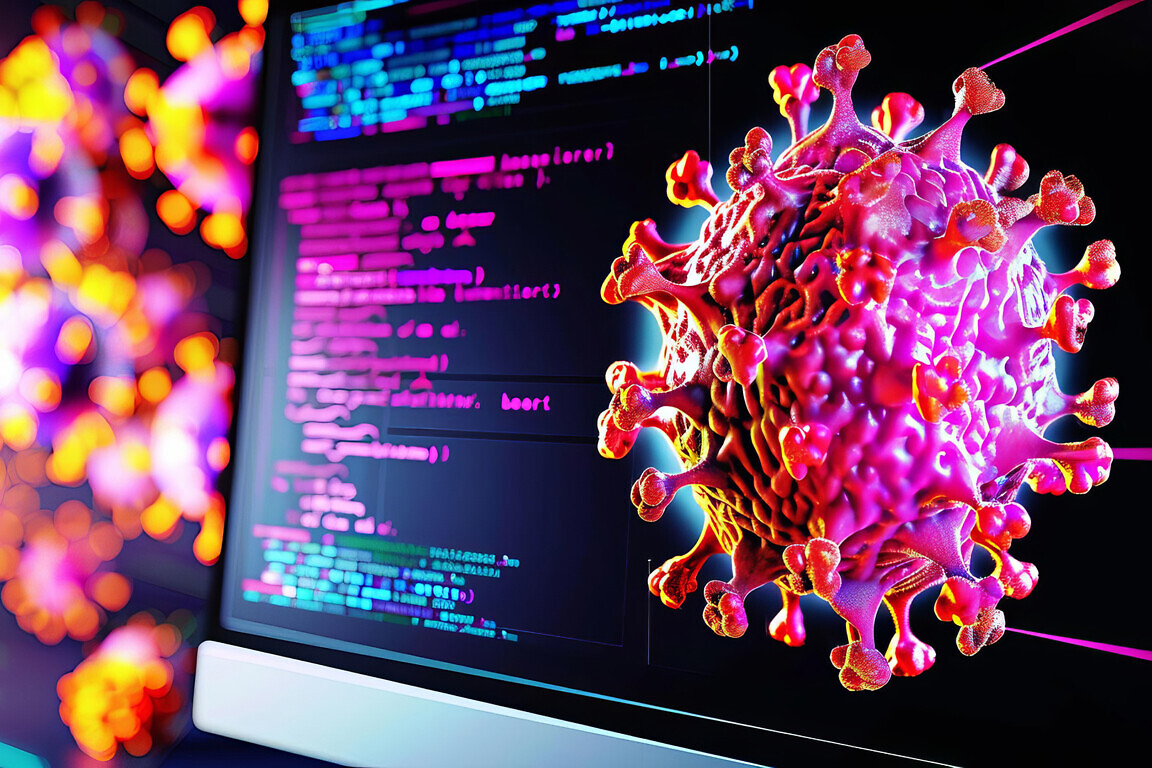 A computer screen displaying a complex algorithm for cancer detection, front view, represents data-driven advancements in diagnosis, sci-fi tone, vivid