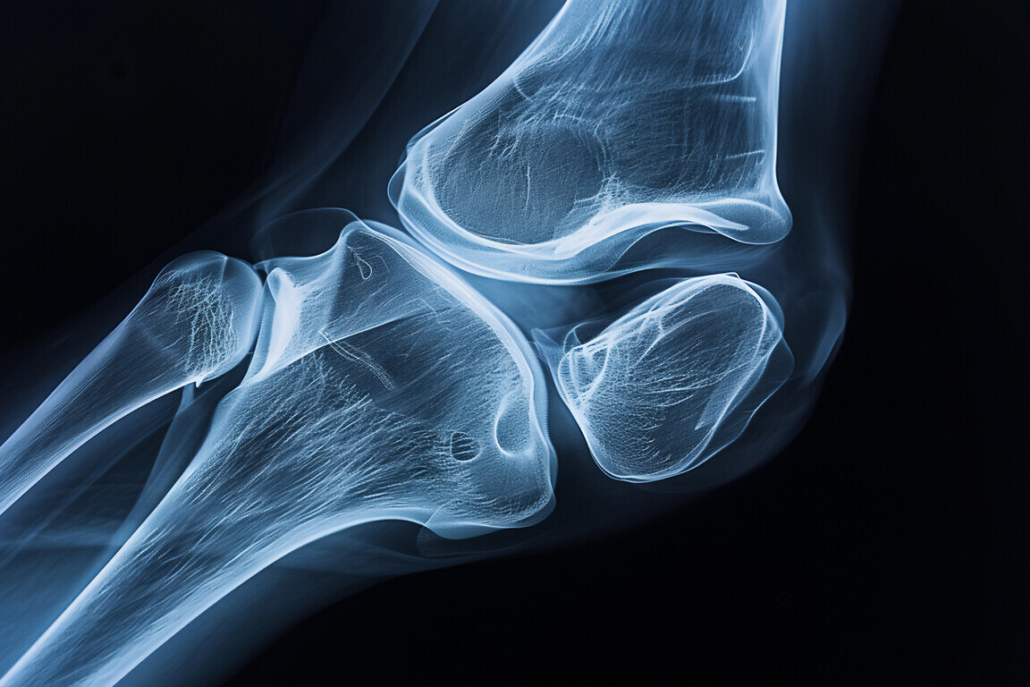 X-ray of a knee joint showing ligaments and bone alignment