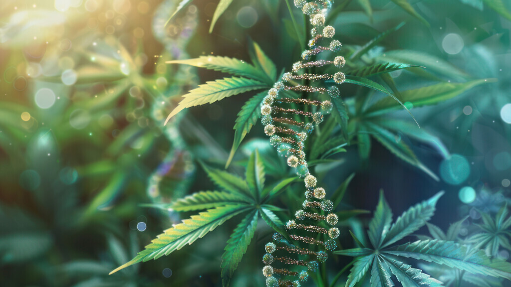 Cannabis leaf intertwined with a DNA strand Genetic research and tailored medicine