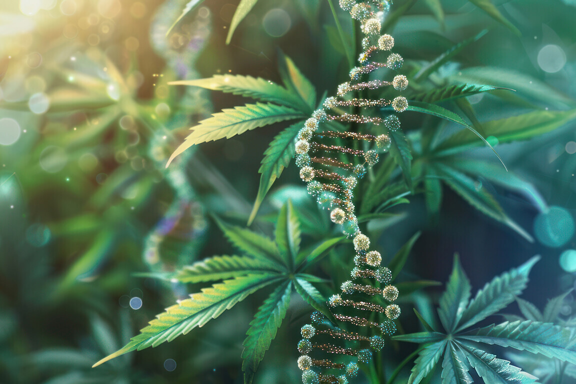 Cannabis leaf intertwined with a DNA strand Genetic research and tailored medicine