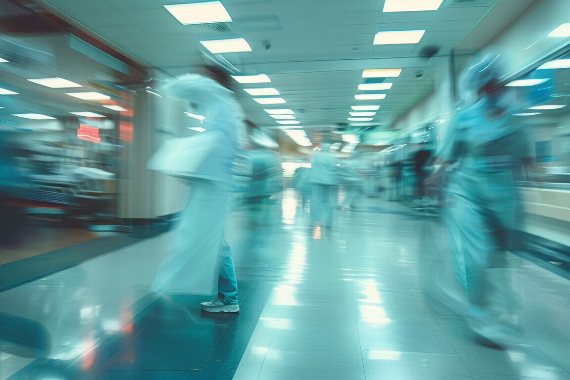 A motion blurred photograph of a hospital interior, doctor.