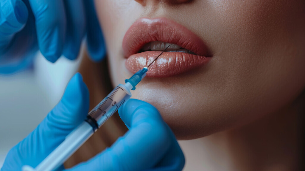Close-up of a cosmetic injection procedure in progress. Gloved hand holding syringe near lips. Beauty theme. Ideal for medical, cosmetic, or skincare purposes. High-detail and vibrant colors.