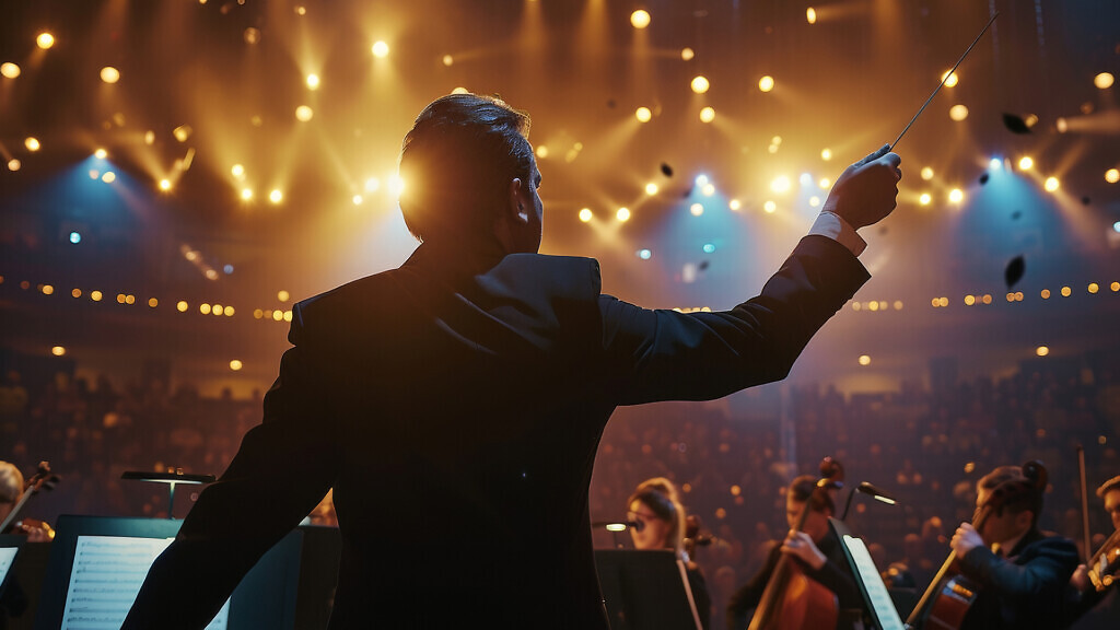 A conductor leading an orchestra