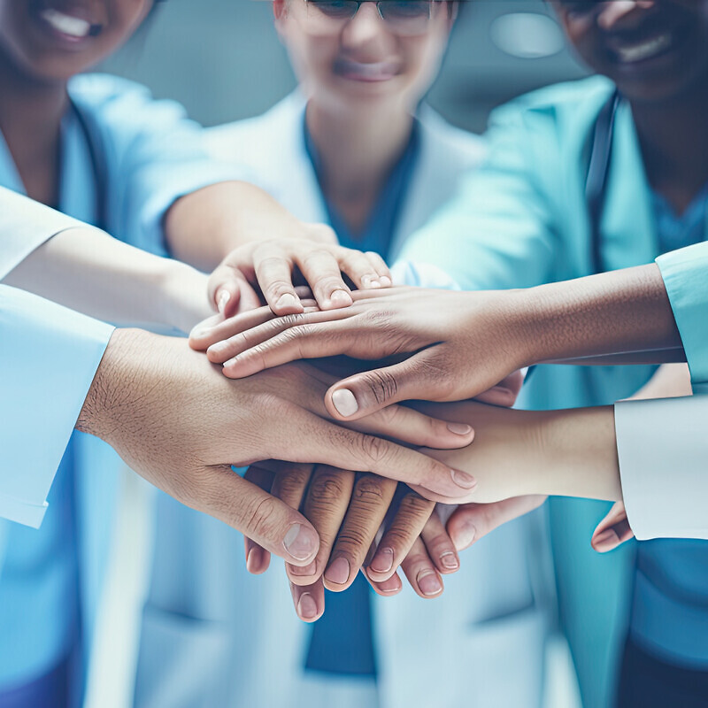 A bunch of medical staff put their hands together
