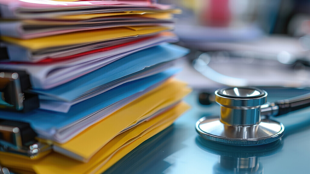 Stethoscope and Stack of Medical Records