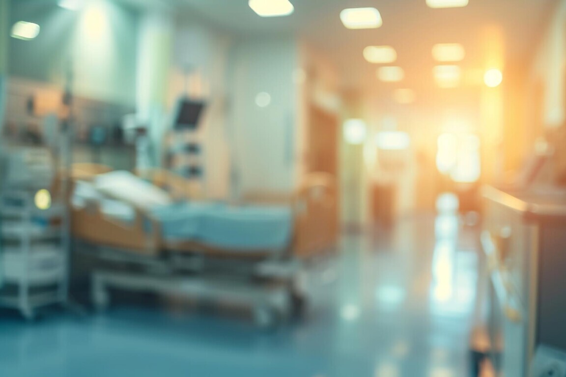 A blurred photograph of an ICU room with medical equipment and a patient in bed