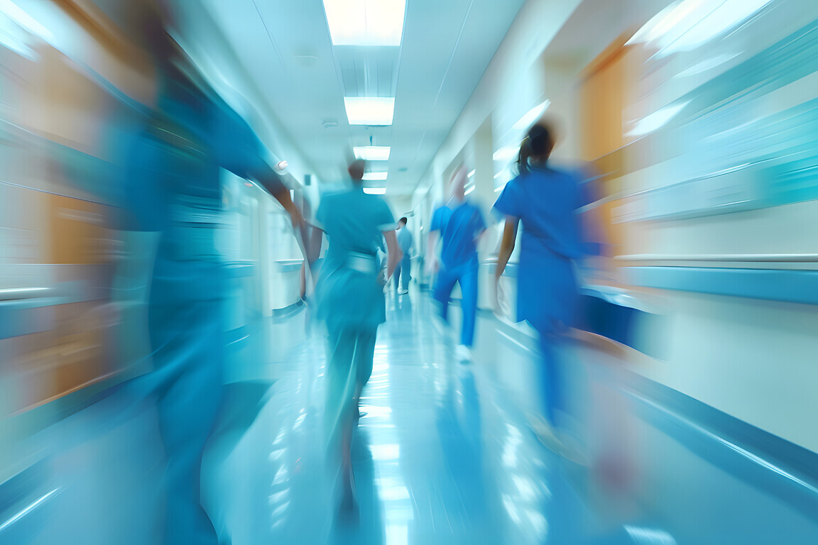 motion of medical doctors nurse in hospital ward interior wearin